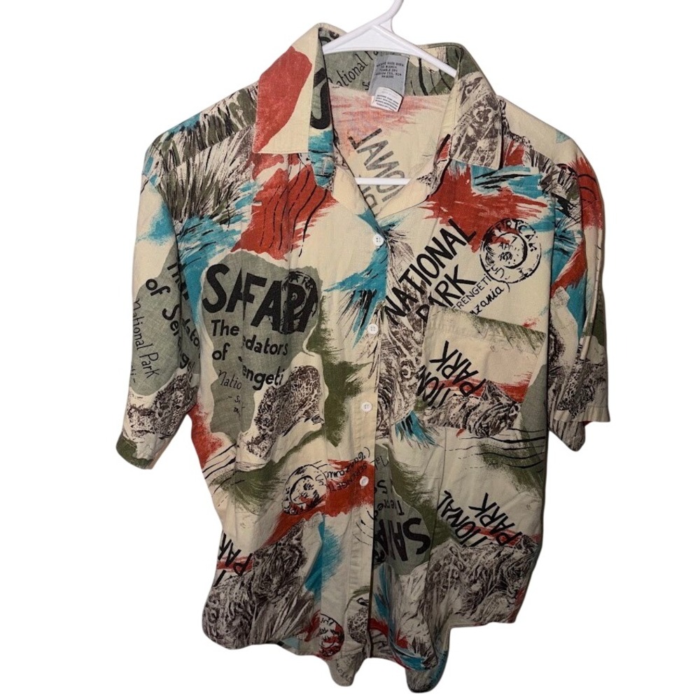 Permanent Press Safari National Park Serengeti Tanzania Print Shirt Mens Large L